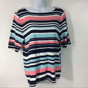 Charter Club Large Top Perfectly Soft Pima Blue Pink White Striped Short Sleeve